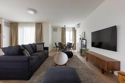 a living room with a couch and a flat screen tv at Huge 3 Bedroom Apartment With River View in Belgrade