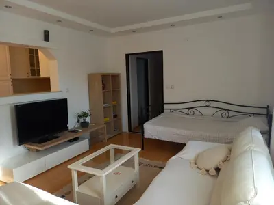 a living room with a couch and a television at Matisse Apartment Airport in Ledine