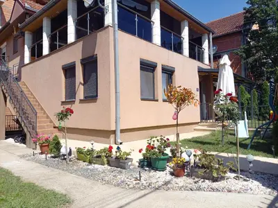 a house with potted plants in front of it at Matisse Apartment Airport in Ledine