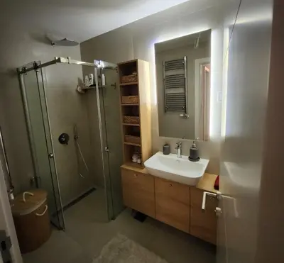 a bathroom with a shower and a sink and a mirror at APARTMAN FLORENCE in Mirijevo