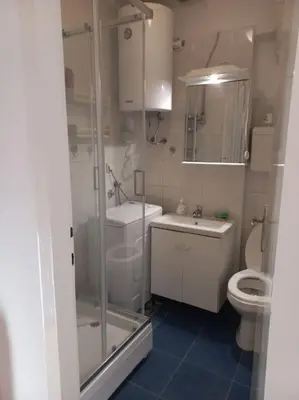 a bathroom with a shower and a toilet and a sink at Cvijićeva in Belgrade