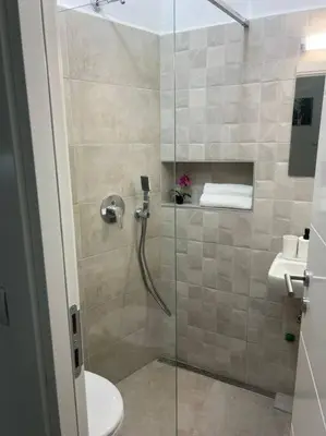 a bathroom with a shower with a toilet and a sink at Sany Center Apartment in Belgrade