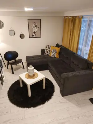 a living room with a black couch and a table at Bowler Hat Apartment Belgrade in Zvezdara