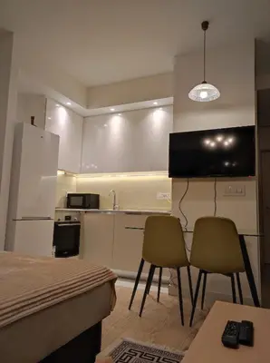a kitchen with two chairs and a table and a refrigerator at Belgrade Waterfront Nabucco in Belgrade