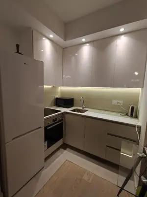 a small kitchen with a refrigerator and a sink at Belgrade Waterfront Nabucco in Belgrade