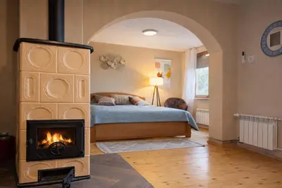 a bedroom with a fireplace in front of a bed at Matea Slowliving in Čortanovci