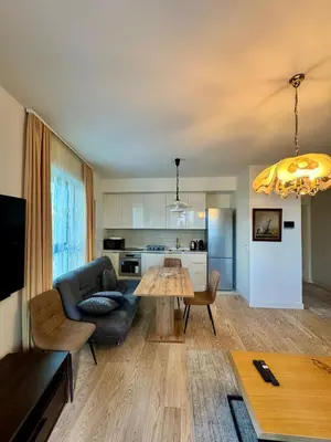 a living room with a couch and a table at Belgrade Waterfront Carmen in Belgrade
