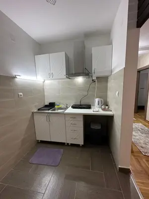 a small kitchen with white cabinets and a purple rug at Port 3 in Belgrade
