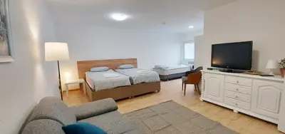 a living room with a couch and a bed and a television at Magenta Garden in Belgrade