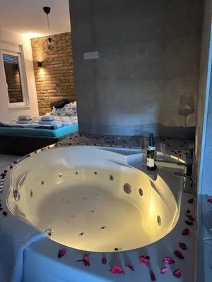 a large bath tub in a room with a bedroom at Apartman North in Mladenovac