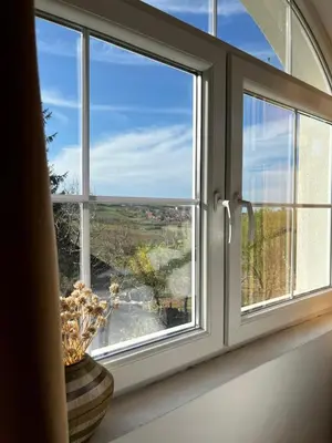 a window in a room with a vase on a window sill at Vikendica Smokvica in Sremski Karlovci